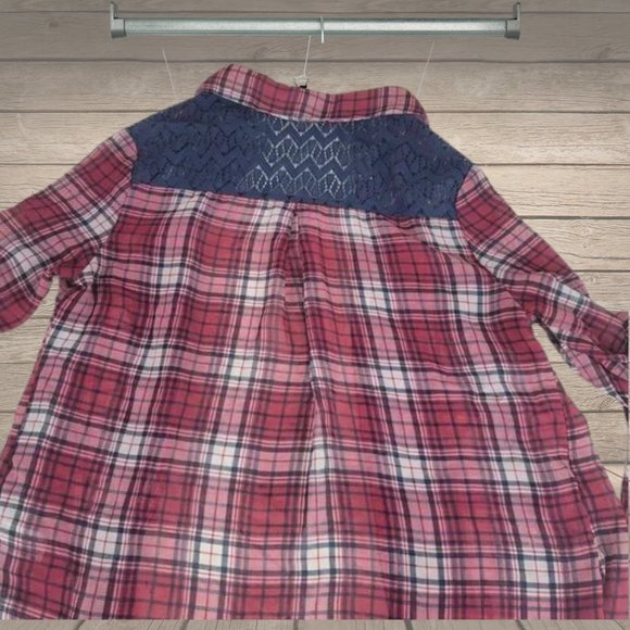 Xhilaration red and navy plaid sheer, long sleeved button-up shirt. - Picture 3 of 8